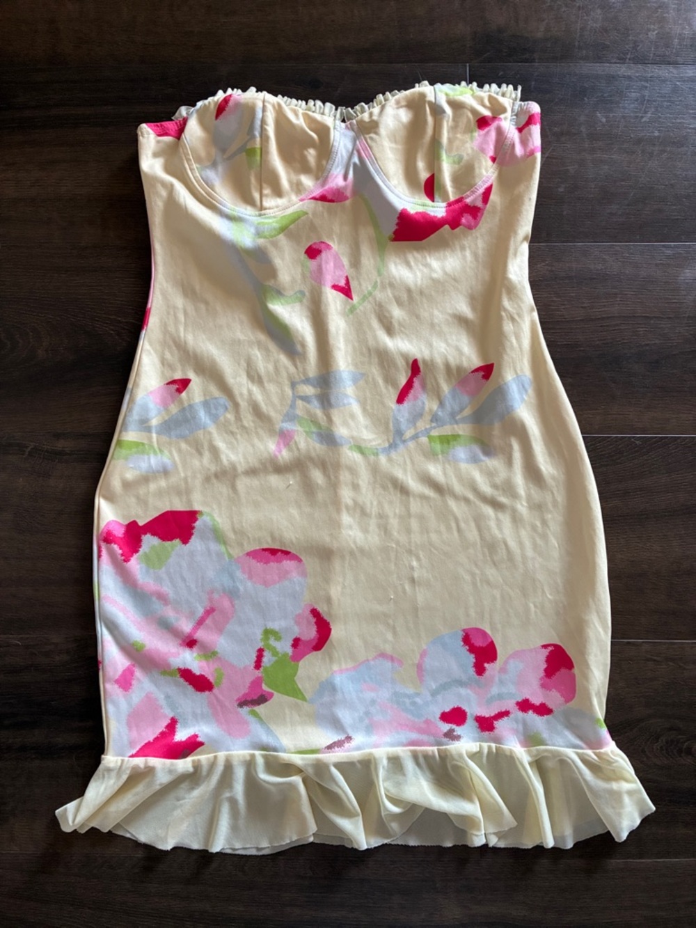 Strapless Floral Ruffle Hem Dress in yellow and Pink